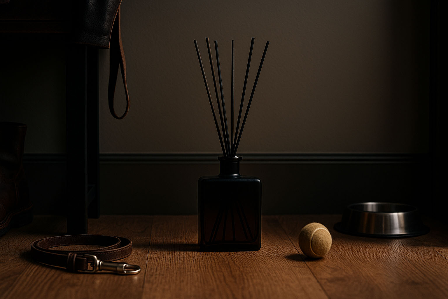 Essential Oil Reed Diffuser Safety Around Kids, Dogs, and Guests JURGENS CODE black diffuser near a dog bowl, leather leash, and tennis ball