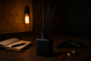 How to Use a Reed Diffuser Properly: Masculine Scent Strategy 101 JURGENS CODE matte black diffuser on a tactical desk with wax seal, compass, and pistol