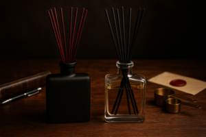The Difference Between Cheap Diffusers and JURGEN’S CODE Elixir Blends JURGENS CODE side-by-side image of matte black and clear diffuser bottles with props
