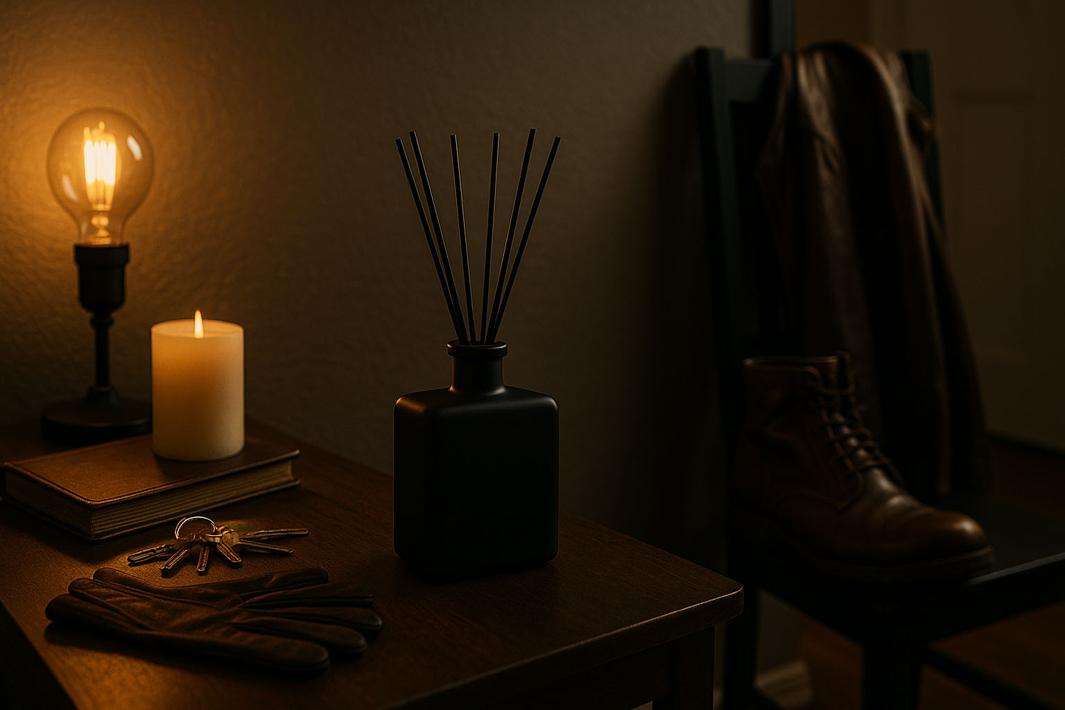The Masculine Way to Make Your Home Smell Incredible Without Sprays JURGENS CODE matte black diffuser on a masculine console with boots, gloves, keys, and candle