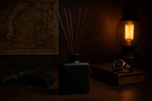 Where to Place a Reed Diffuser in a Man’s Home or Office JURGENS CODE black diffuser on masculine office desk with watch, book, gun, and ambient light