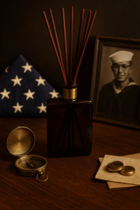 Why JURGEN'S CODE diffusers are built different shown on a masculine wooden desk with oxblood reeds and premium essential oil bottle