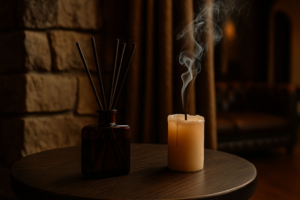 Why Men Are Switching to Reed Diffusers Instead of Candles | JURGEN'S CODE — masculine scene with premium diffuser and extinguished candle