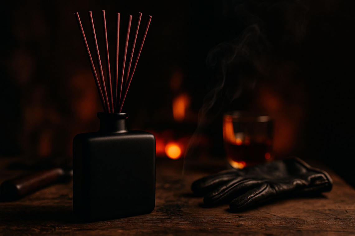 Reed diffuser for men with dark oxblood reeds on a deep blue background | JURGEN'S CODE